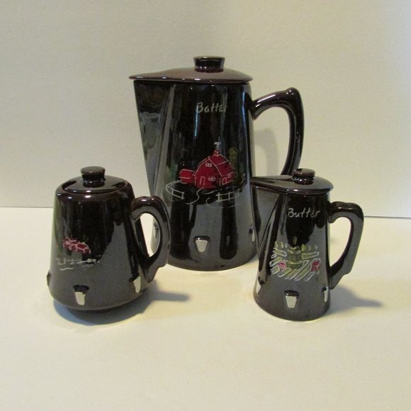 vtg redware pottery pankcake batter butter pitcher jam jar red barn kitchen - Picture 1 of 15